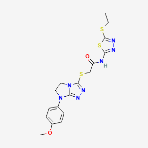 molecular formula C17H19N7O2S3 B2681527 N-(5-(ethylthio)-1,3,4-thiadiazol-2-yl)-2-((7-(4-methoxyphenyl)-6,7-dihydro-5H-imidazo[2,1-c][1,2,4]triazol-3-yl)thio)acetamide CAS No. 921789-36-8