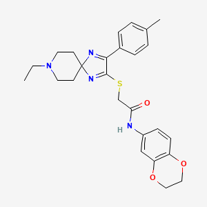molecular formula C26H30N4O3S B2681536 N-(2,3-DIHYDRO-1,4-BENZODIOXIN-6-YL)-2-{[8-ETHYL-3-(4-METHYLPHENYL)-1,4,8-TRIAZASPIRO[4.5]DECA-1,3-DIEN-2-YL]SULFANYL}ACETAMIDE CAS No. 1189660-52-3