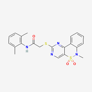 molecular formula C21H20N4O3S2 B2681587 N-(2,6-dimethylphenyl)-2-((6-methyl-5,5-dioxido-6H-benzo[c]pyrimido[4,5-e][1,2]thiazin-2-yl)thio)acetamide CAS No. 895103-59-0