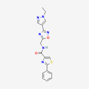 molecular formula C18H16N6O2S B2681690 N-((3-(1-ethyl-1H-pyrazol-4-yl)-1,2,4-oxadiazol-5-yl)methyl)-2-phenylthiazole-4-carboxamide CAS No. 2034228-43-6