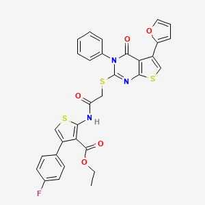 molecular formula C31H22FN3O5S3 B2681767 ethyl 4-(4-fluorophenyl)-2-(2-{[5-(furan-2-yl)-4-oxo-3-phenyl-3H,4H-thieno[2,3-d]pyrimidin-2-yl]sulfanyl}acetamido)thiophene-3-carboxylate CAS No. 780786-42-7