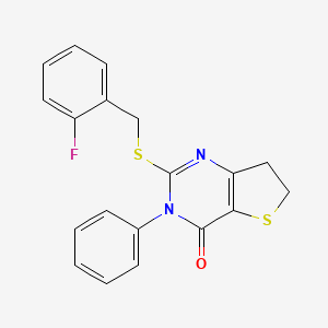 molecular formula C19H15FN2OS2 B2682239 2-((2-fluorobenzyl)thio)-3-phenyl-6,7-dihydrothieno[3,2-d]pyrimidin-4(3H)-one CAS No. 686770-96-7