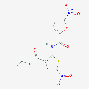 molecular formula C12H9N3O8S B2682533 ethyl 5-nitro-2-(5-nitrofuran-2-amido)thiophene-3-carboxylate CAS No. 477491-13-7