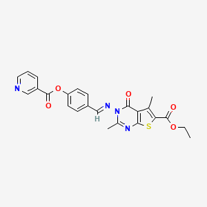 molecular formula C24H20N4O5S B2682754 (E)-ethyl 2,5-dimethyl-3-((4-(nicotinoyloxy)benzylidene)amino)-4-oxo-3,4-dihydrothieno[2,3-d]pyrimidine-6-carboxylate CAS No. 304683-46-3