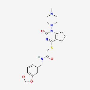 molecular formula C22H27N5O4S B2683136 N-(benzo[d][1,3]dioxol-5-ylmethyl)-2-((1-(4-methylpiperazin-1-yl)-2-oxo-2,5,6,7-tetrahydro-1H-cyclopenta[d]pyrimidin-4-yl)thio)acetamide CAS No. 920202-61-5