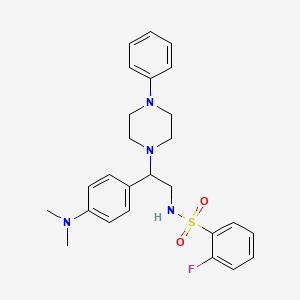 molecular formula C26H31FN4O2S B2683150 N-{2-[4-(dimethylamino)phenyl]-2-(4-phenylpiperazin-1-yl)ethyl}-2-fluorobenzene-1-sulfonamide CAS No. 946244-89-9