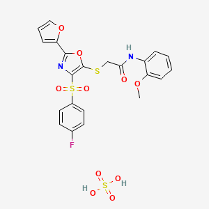 molecular formula C22H19FN2O10S3 B2683177 2-((4-((4-fluorophenyl)sulfonyl)-2-(furan-2-yl)oxazol-5-yl)thio)-N-(2-methoxyphenyl)acetamide sulfate CAS No. 1330369-30-6