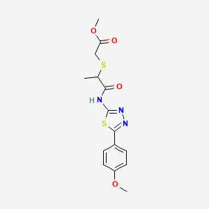 molecular formula C15H17N3O4S2 B2683180 Methyl 2-((1-((5-(4-methoxyphenyl)-1,3,4-thiadiazol-2-yl)amino)-1-oxopropan-2-yl)thio)acetate CAS No. 394235-62-2