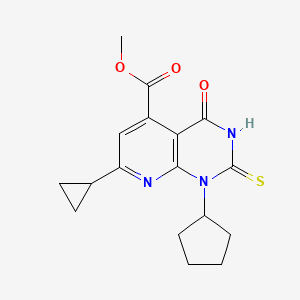 molecular formula C17H19N3O3S B2683321 Methyl 1-cyclopentyl-7-cyclopropyl-2-mercapto-4-oxo-1,4-dihydropyrido[2,3-D]pyrimidine-5-carboxylate CAS No. 933852-53-0