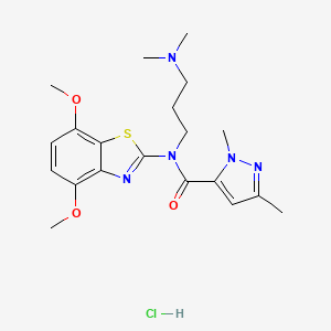 molecular formula C20H28ClN5O3S B2683322 N-(4,7-dimethoxy-1,3-benzothiazol-2-yl)-N-[3-(dimethylamino)propyl]-1,3-dimethyl-1H-pyrazole-5-carboxamide hydrochloride CAS No. 1329870-77-0