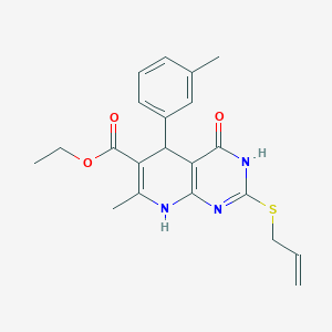 molecular formula C21H23N3O3S B2683392 Ethyl 2-(allylthio)-7-methyl-4-oxo-5-(m-tolyl)-3,4,5,8-tetrahydropyrido[2,3-d]pyrimidine-6-carboxylate CAS No. 876865-88-2
