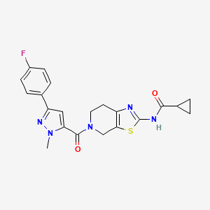 molecular formula C21H20FN5O2S B2683410 N-(5-(3-(4-fluorophenyl)-1-methyl-1H-pyrazole-5-carbonyl)-4,5,6,7-tetrahydrothiazolo[5,4-c]pyridin-2-yl)cyclopropanecarboxamide CAS No. 1351618-36-4