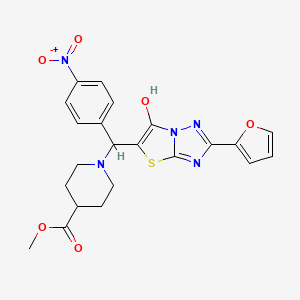 molecular formula C22H21N5O6S B2683545 Methyl 1-((2-(furan-2-yl)-6-hydroxythiazolo[3,2-b][1,2,4]triazol-5-yl)(4-nitrophenyl)methyl)piperidine-4-carboxylate CAS No. 896292-10-7