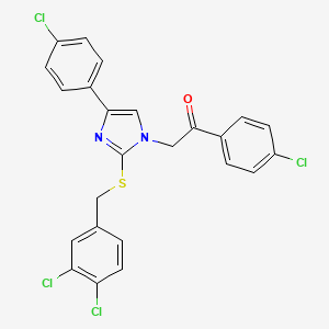 molecular formula C24H16Cl4N2OS B2683628 1-(4-Chlorophenyl)-2-[4-(4-chlorophenyl)-2-[(3,4-dichlorophenyl)methylsulfanyl]imidazol-1-yl]ethanone CAS No. 477846-78-9