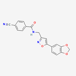 molecular formula C19H13N3O4 B2683697 N-((5-(benzo[d][1,3]dioxol-5-yl)isoxazol-3-yl)methyl)-4-cyanobenzamide CAS No. 1210224-99-9