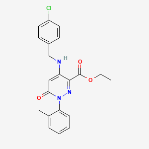 molecular formula C21H20ClN3O3 B2683778 ethyl 4-{[(4-chlorophenyl)methyl]amino}-1-(2-methylphenyl)-6-oxo-1,6-dihydropyridazine-3-carboxylate CAS No. 922067-66-1