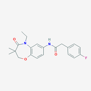 molecular formula C21H23FN2O3 B2684280 N-(5-ethyl-3,3-dimethyl-4-oxo-2,3,4,5-tetrahydro-1,5-benzoxazepin-7-yl)-2-(4-fluorophenyl)acetamide CAS No. 921544-06-1
