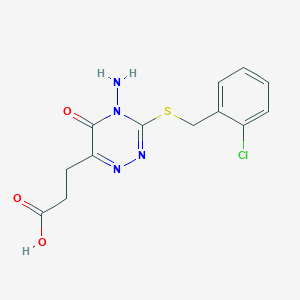molecular formula C13H13ClN4O3S B2684287 3-[4-amino-3-[(2-chlorophenyl)methylsulfanyl]-5-oxo-1,2,4-triazin-6-yl]propanoic Acid CAS No. 896170-38-0