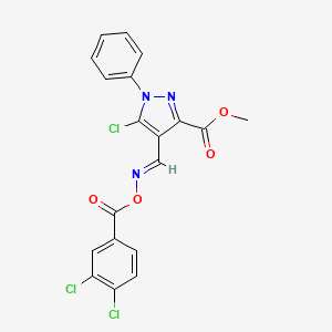 molecular formula C19H12Cl3N3O4 B2684290 methyl 5-chloro-4-({[(3,4-dichlorobenzoyl)oxy]imino}methyl)-1-phenyl-1H-pyrazole-3-carboxylate CAS No. 321526-31-2