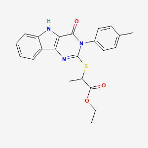 molecular formula C22H21N3O3S B2684303 ethyl 2-{[3-(4-methylphenyl)-4-oxo-3H,4H,5H-pyrimido[5,4-b]indol-2-yl]sulfanyl}propanoate CAS No. 536705-13-2