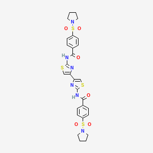 molecular formula C28H28N6O6S4 B2684327 4-(pyrrolidine-1-sulfonyl)-N-(4-{2-[4-(pyrrolidine-1-sulfonyl)benzamido]-1,3-thiazol-4-yl}-1,3-thiazol-2-yl)benzamide CAS No. 361171-44-0