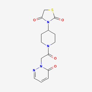 molecular formula C14H16N4O4S B2684347 3-{1-[2-(6-oxo-1,6-dihydropyridazin-1-yl)acetyl]piperidin-4-yl}-1,3-thiazolidine-2,4-dione CAS No. 2320684-31-7