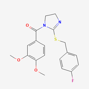 molecular formula C19H19FN2O3S B2684373 1-(3,4-dimethoxybenzoyl)-2-{[(4-fluorophenyl)methyl]sulfanyl}-4,5-dihydro-1H-imidazole CAS No. 851865-66-2