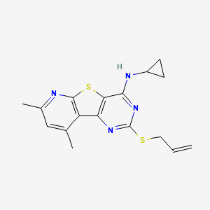 molecular formula C17H18N4S2 B2684449 N-cyclopropyl-11,13-dimethyl-4-prop-2-enylsulfanyl-8-thia-3,5,10-triazatricyclo[7.4.0.02,7]trideca-1(9),2(7),3,5,10,12-hexaen-6-amine CAS No. 439110-63-1