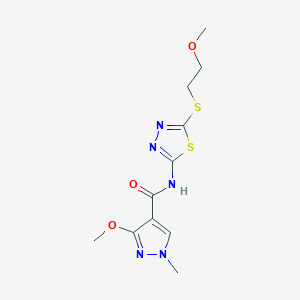 molecular formula C11H15N5O3S2 B2684573 3-methoxy-N-(5-((2-methoxyethyl)thio)-1,3,4-thiadiazol-2-yl)-1-methyl-1H-pyrazole-4-carboxamide CAS No. 1172915-21-7