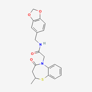 molecular formula C20H20N2O4S B2684598 N-[(2H-1,3-benzodioxol-5-yl)methyl]-2-(2-methyl-4-oxo-2,3,4,5-tetrahydro-1,5-benzothiazepin-5-yl)acetamide CAS No. 863004-40-4