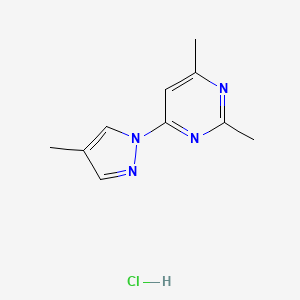 molecular formula C10H13ClN4 B2684698 2,4-dimethyl-6-(4-methyl-1H-pyrazol-1-yl)pyrimidine hydrochloride CAS No. 2320226-32-0