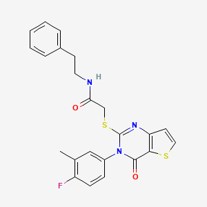 molecular formula C23H20FN3O2S2 B2684702 2-((3-(4-fluoro-3-methylphenyl)-4-oxo-3,4-dihydrothieno[3,2-d]pyrimidin-2-yl)thio)-N-phenethylacetamide CAS No. 1794910-38-5