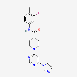 molecular formula C20H21FN6O B2684705 1-(6-(1H-imidazol-1-yl)pyrimidin-4-yl)-N-(3-fluoro-4-methylphenyl)piperidine-4-carboxamide CAS No. 1351616-47-1