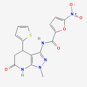 molecular formula C16H13N5O5S B2684842 N-(1-methyl-6-oxo-4-(thiophen-2-yl)-4,5,6,7-tetrahydro-1H-pyrazolo[3,4-b]pyridin-3-yl)-5-nitrofuran-2-carboxamide CAS No. 1203138-60-6
