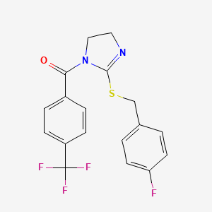 molecular formula C18H14F4N2OS B2684911 2-{[(4-fluorophenyl)methyl]sulfanyl}-1-[4-(trifluoromethyl)benzoyl]-4,5-dihydro-1H-imidazole CAS No. 851865-98-0