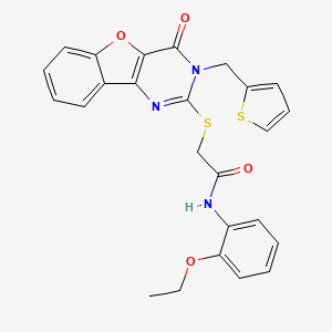 molecular formula C25H21N3O4S2 B2684925 N-(2-ethoxyphenyl)-2-({6-oxo-5-[(thiophen-2-yl)methyl]-8-oxa-3,5-diazatricyclo[7.4.0.0^{2,7}]trideca-1(9),2(7),3,10,12-pentaen-4-yl}sulfanyl)acetamide CAS No. 899941-78-7