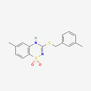 molecular formula C16H16N2O2S2 B2684956 6-methyl-3-[(3-methylbenzyl)thio]-4H-1,2,4-benzothiadiazine 1,1-dioxide CAS No. 1030131-30-6