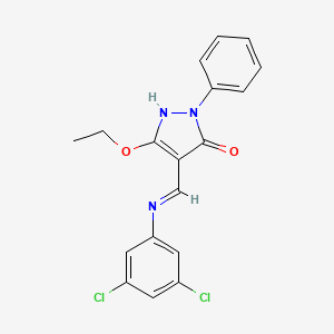 molecular formula C18H15Cl2N3O2 B2684969 4-[(3,5-dichloroanilino)methylene]-5-ethoxy-2-phenyl-2,4-dihydro-3H-pyrazol-3-one CAS No. 338750-96-2