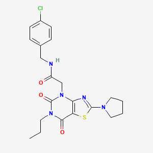 molecular formula C21H24ClN5O3S B2685207 N-[(4-chlorophenyl)methyl]-2-[5,7-dioxo-6-propyl-2-(pyrrolidin-1-yl)-4H,5H,6H,7H-[1,3]thiazolo[4,5-d]pyrimidin-4-yl]acetamide CAS No. 1115982-46-1