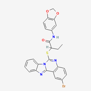 molecular formula C25H19BrN4O3S B2685243 N-(2H-1,3-benzodioxol-5-yl)-2-({4-bromo-8,10,17-triazatetracyclo[8.7.0.0^{2,7}.0^{11,16}]heptadeca-1(17),2(7),3,5,8,11(16),12,14-octaen-9-yl}sulfanyl)butanamide CAS No. 689227-27-8