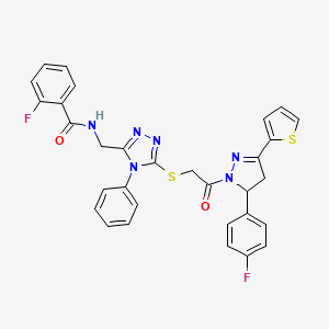 2-fluoro-N-((5-((2-(5-(4-fluorophenyl)-3-(thiophen-2-yl)-4,5-dihydro-1H-pyrazol-1-yl)-2-oxoethyl)thio)-4-phenyl-4H-1,2,4-triazol-3-yl)methyl)benzamide