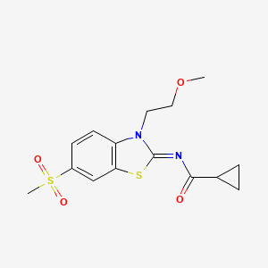 molecular formula C15H18N2O4S2 B2685630 N-[(2Z)-6-methanesulfonyl-3-(2-methoxyethyl)-2,3-dihydro-1,3-benzothiazol-2-ylidene]cyclopropanecarboxamide CAS No. 864977-31-1