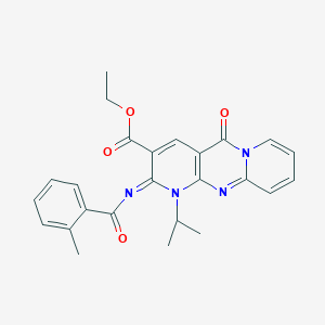 molecular formula C25H24N4O4 B2685879 ethyl 6-(2-methylbenzoyl)imino-2-oxo-7-propan-2-yl-1,7,9-triazatricyclo[8.4.0.03,8]tetradeca-3(8),4,9,11,13-pentaene-5-carboxylate CAS No. 442893-80-3