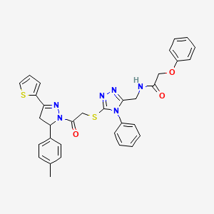 molecular formula C33H30N6O3S2 B2686001 N-{[5-({2-[5-(4-methylphenyl)-3-(thiophen-2-yl)-4,5-dihydro-1H-pyrazol-1-yl]-2-oxoethyl}sulfanyl)-4-phenyl-4H-1,2,4-triazol-3-yl]methyl}-2-phenoxyacetamide CAS No. 393584-99-1