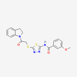 molecular formula C20H18N4O3S2 B2686007 N-(5-((2-(indolin-1-yl)-2-oxoethyl)thio)-1,3,4-thiadiazol-2-yl)-3-methoxybenzamide CAS No. 392300-77-5
