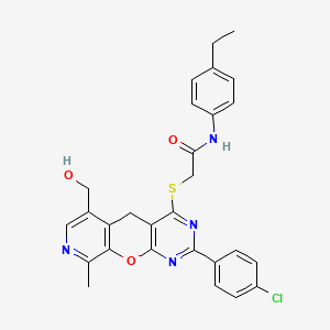 molecular formula C28H25ClN4O3S B2686038 2-[[5-(4-chlorophenyl)-11-(hydroxymethyl)-14-methyl-2-oxa-4,6,13-triazatricyclo[8.4.0.03,8]tetradeca-1(10),3(8),4,6,11,13-hexaen-7-yl]sulfanyl]-N-(4-ethylphenyl)acetamide CAS No. 892384-16-6