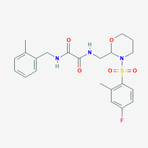 molecular formula C22H26FN3O5S B2686081 N-{[3-(4-fluoro-2-methylbenzenesulfonyl)-1,3-oxazinan-2-yl]methyl}-N'-[(2-methylphenyl)methyl]ethanediamide CAS No. 872724-15-7