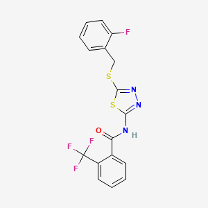 molecular formula C17H11F4N3OS2 B2686085 N-(5-((2-fluorobenzyl)thio)-1,3,4-thiadiazol-2-yl)-2-(trifluoromethyl)benzamide CAS No. 868976-12-9