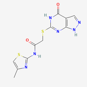 molecular formula C11H10N6O2S2 B2686117 N-(4-methyl-1,3-thiazol-2-yl)-2-({4-oxo-1H,4H,5H-pyrazolo[3,4-d]pyrimidin-6-yl}sulfanyl)acetamide CAS No. 877630-24-5