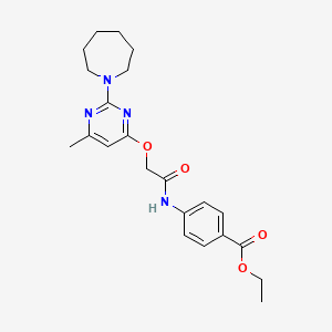 molecular formula C22H28N4O4 B2686142 Ethyl 4-(2-{[2-(azepan-1-YL)-6-methylpyrimidin-4-YL]oxy}acetamido)benzoate CAS No. 1031992-91-2